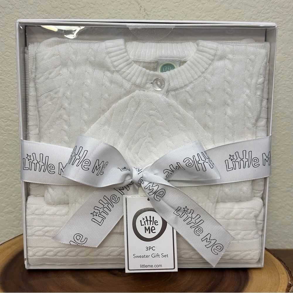 Nwt- Little Me White Cable Knit 3PC Sweater Gift Set Size 9 Months